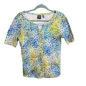 Rafaella Womens Sz S Blue Yellow Geometric Short Sleeve Blouse